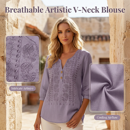 👚🌸 Broderad V-ringad topp med 3/4-ärmar