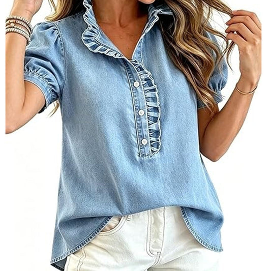 👚🌸 V-ringad puffärm denimtopp