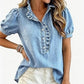 👚🌸 V-ringad puffärm denimtopp