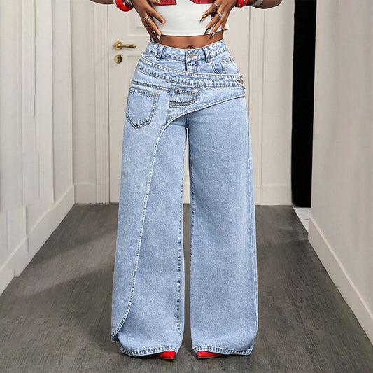 🔥🔥Tidsbegrenset tilbud – Damejeans med asymmetrisk midje og vide ben