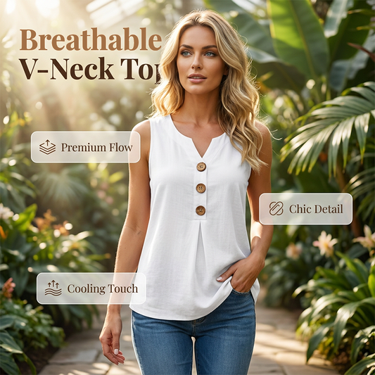 👚🌿 Ärmlös V-ringad topp med knappar