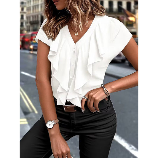 👚✨ Elegant V-ringad volangblus