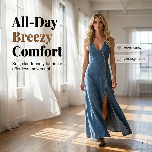 👗✨ Asymmetrisk V-ringad denim maxiklänning