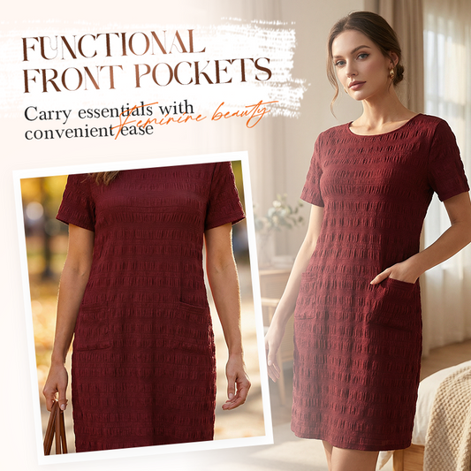 👗🌿 Bekväm avslappnad rund hals klänning med fickor