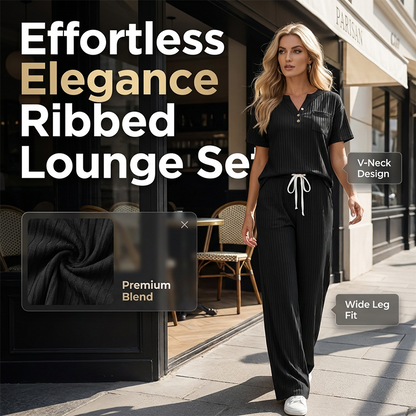 👚👖 Elegant ribbad set med knappdetalj och vid ben
