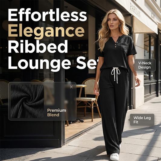 👚👖 Elegant ribbad set med knappdetalj och vid ben