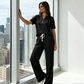 👚👖 Elegant ribbad set med knappdetalj och vid ben