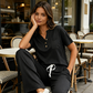 👚👖 Elegant ribbad set med knappdetalj och vid ben