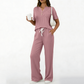 👚👖 Elegant ribbad set med knappdetalj och vid ben