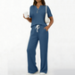 👚👖 Elegant ribbad set med knappdetalj och vid ben