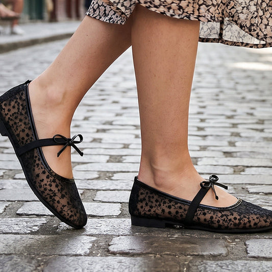 🌸 Eleganta platta mesh-skor med rosett och blommotiv