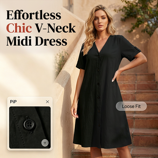 👗✨ Elegant knapp-front midiklänning med V-hals