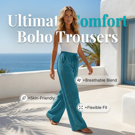 👖🌸 Lätta boho-byxor med spetsdetaljer och elastisk midja