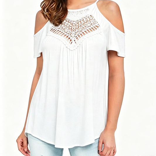 👚🌸 Breezy cold shoulder topp med spetsdetaljer och kort ärm