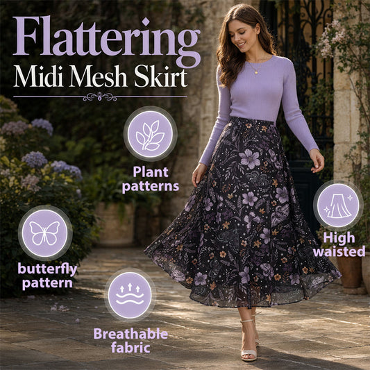 🌸👗 Lätt flytande midi-kjol med blommor och fjärilar