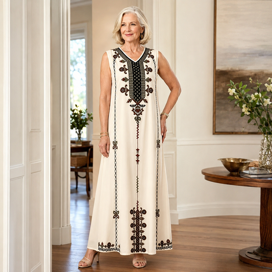 👗🌿 Elegant resort maxiklänning med V-hals och statement-print