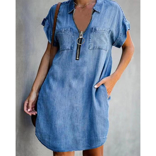 👗✨ Mångsidig denimklänning med snygg frontdragkedja