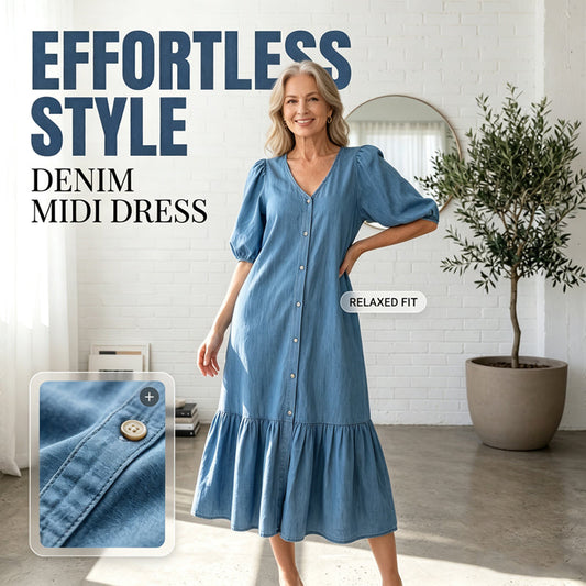👗🌸 Mjuk V-ringad midiklänning i denimstil