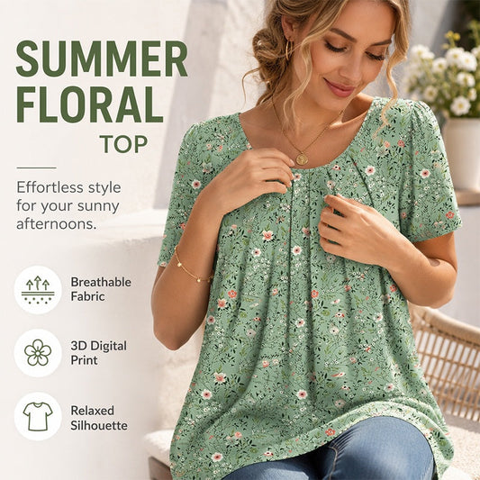 Women's Round Neck Short-Sleeved Floral Top