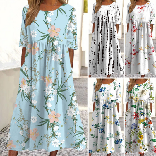 👗🌸Women’s Elegant Floral Print Round-Neck Long Dress