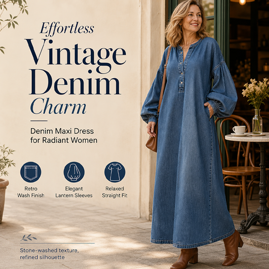 Bästsäljare🔥 👗 Vintage denim maxiklänning med lanternärmar – mjuk och andningsbar för en avslappnad chic look
