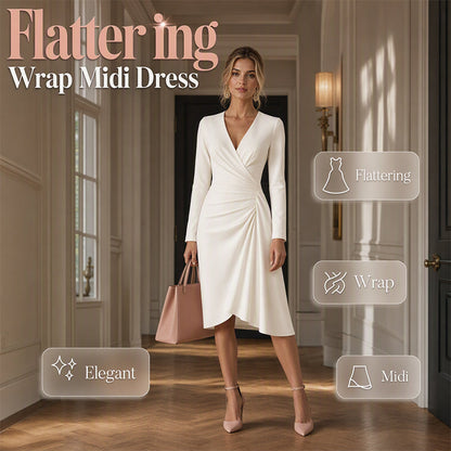 Women's Wrap V-Neck Long Sleeve Ruched Waist Midi Dress