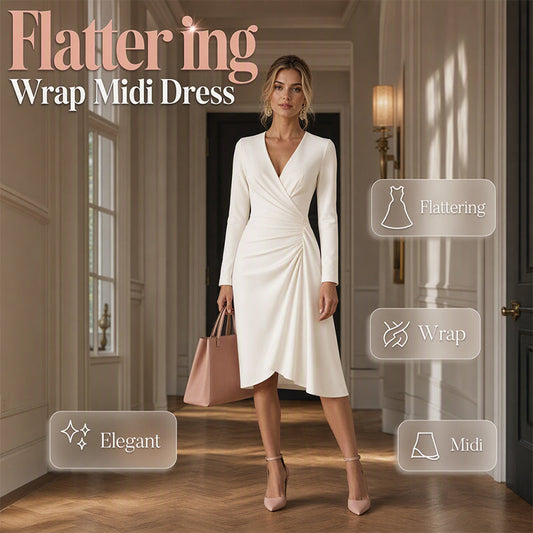Women's Wrap V-Neck Long Sleeve Ruched Waist Midi Dress