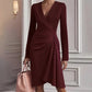 Women's Wrap V-Neck Long Sleeve Ruched Waist Midi Dress
