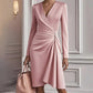 Women's Wrap V-Neck Long Sleeve Ruched Waist Midi Dress