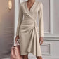 Women's Wrap V-Neck Long Sleeve Ruched Waist Midi Dress