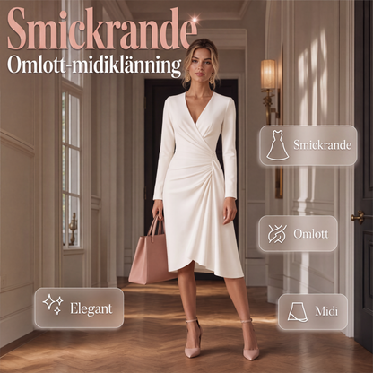 Damklänning i omlottmodell med V-ringning, långa ärmar, rynkad midja och midi-längd