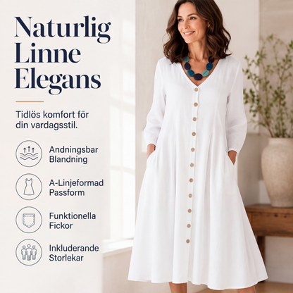 Bästsäljare🔥 👗 V-ringad A-linjeklänning med fickor – naturlig bomull-linne för maximal andningsförmåga