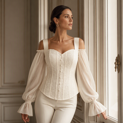 Bästsäljare🔥 👚 Kalla axlar med blommig jacquard – korsettformad topp för en feminin silhuett