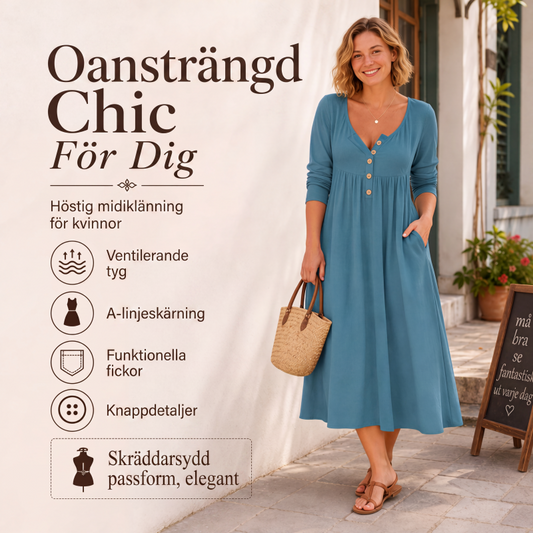 Bästsäljare🔥 👗 Långärmad midiklänning med knappar – mjukt fallande för en elegant silhuett