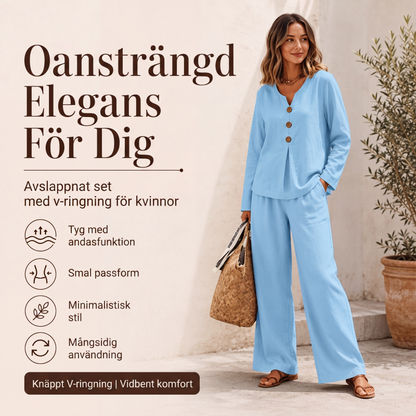 ⏰Sista dagen på rean – 50 % rabatt 💃 Set med långärmad damtröja med V-ringning och byxor med vida ben