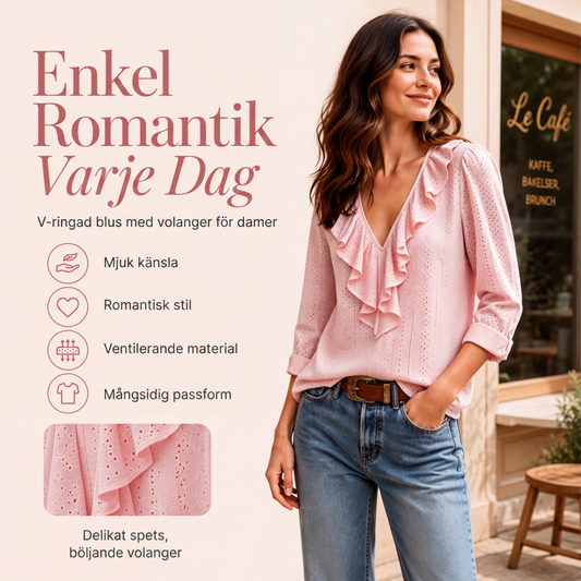 Nya ankomster📦 Klassisk V-ringad blus med volangdetaljer – tidlös stil för alla tillfällen