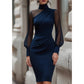 Bästsäljare🔥 👗 Elegant midi-klänning med hög hals – figursydd silhuett för speciella tillfällen