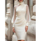 Bästsäljare🔥 👗 Elegant midi-klänning med hög hals – figursydd silhuett för speciella tillfällen