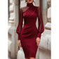 Bästsäljare🔥 👗 Elegant midi-klänning med hög hals – figursydd silhuett för speciella tillfällen