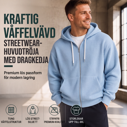 Bästsäljare🔥 🧥 Våffelstickad hoodie med hel dragkedja – oversize-passform för urban streetwear