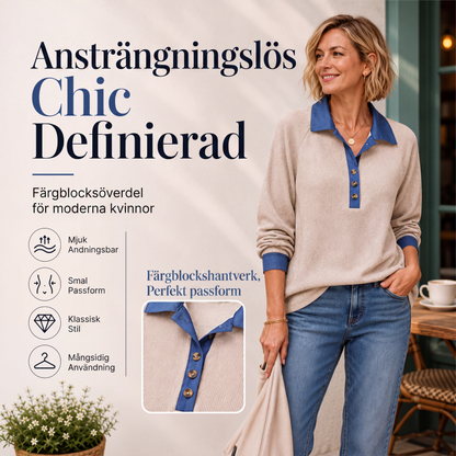 Damstickad topp med kontrasterande denimmudd
