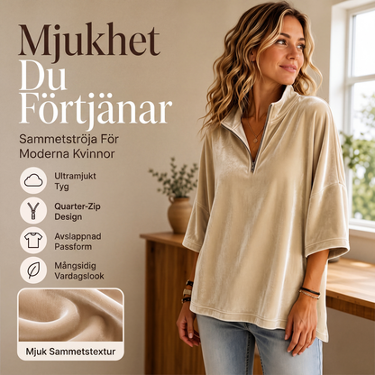 Damtopp i sammet med 3/4-ärmar och halv dragkedja