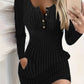 🍂 Höstkollektion ✨ Bodycon-klänning med knappar och långa ärmar för damer – enfärgad, slim fit och elegant passform