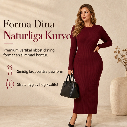 🍂 Höstens favorit ✨ Ribbstickad bodycon-maxiklänning för damer med långa ärmar och rund hals – elegant passform och bekväm stil