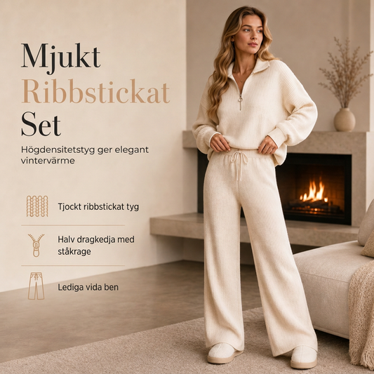 Tvådelat Set i Ribbad Stickning Dam – Halv Dragkedja & Vida Ben