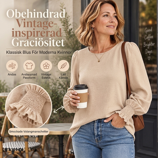 👚 Elegant rundhalsad topp för kvinnor med smockade ärmmuddar – mjuk, bekväm, mångsidig, perfekt för vardag och fest! ✨.