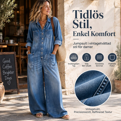 Dam retro jeansoverall med krage