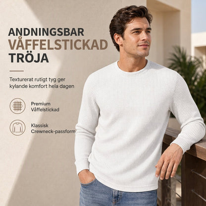 🧶 Waffelstickad tröja för män med rund hals och långa ärmar – lätt, andas, smal passform, perfekt för vardag och höst! ✨