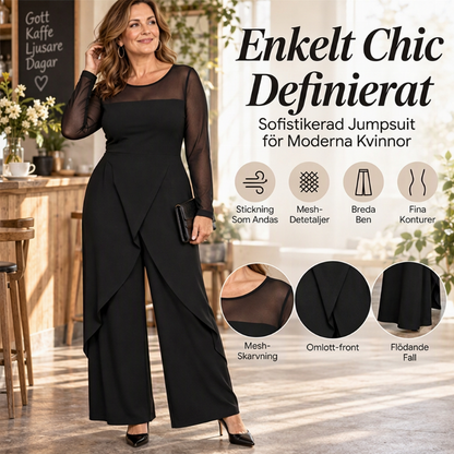 🖤Elegant jumpsuit i mesh med långa ärmar och överlappande detalj för damer