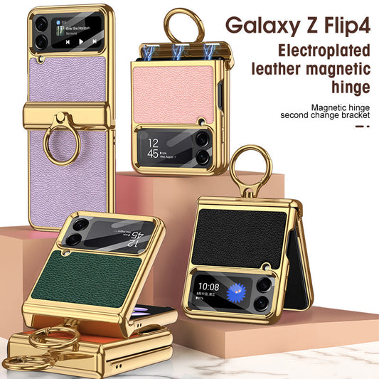 Telefonfodral med magnetiskt gångjärn i galvaniserat läder för Samsung Galaxy Z Flip4 Flip3 5G